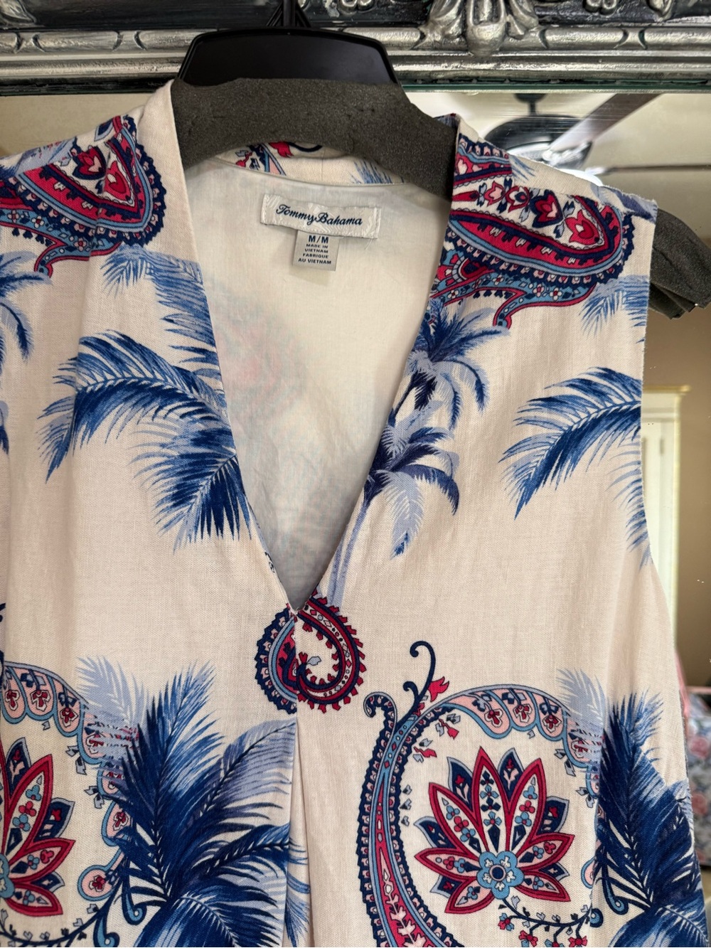 Tommy Bahama Cream Sleeveless V-Neck Top with Blue Palm & Red Paisley